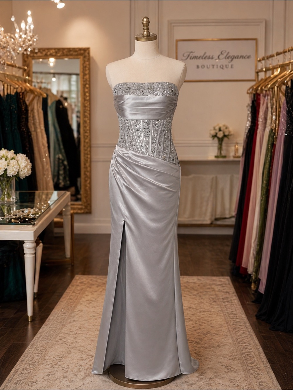 Timeless Elegance Silver Strapless Evening Gown, Size 0